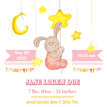 Baby Girl Arrival Card - with Baby Bunny and Stars - in vectorのイラスト素材