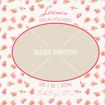 Baby Arrival Card - with Photo Frame and Floral Blossom Design -  in vectorのイラスト素材