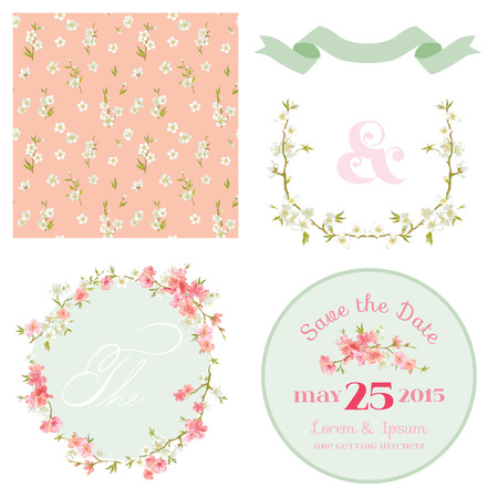 Spring Blossom Flowers Background - Seamless Floral Shabby Chic Pattern - in vectorのイラスト素材