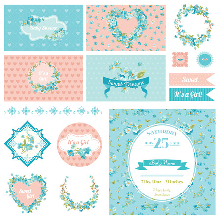 Baby Scrapbook Party Set - Flower Theme - Design Elements, Backgrounds - in vectorのイラスト素材