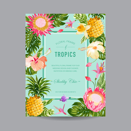 Tropical Floral Frame - for Invitation, Wedding, Baby Shower Card - in vectorのイラスト素材