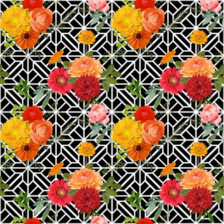 Vintage Colorful Floral Geometry Background - Seamless Pattern - in vectorのイラスト素材