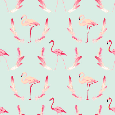 Flamingo Bird Background. Retro Seamless Pattern. Vector Feather Backgroundのイラスト素材