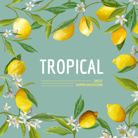 Lemon, Flowers and Leaves. Exotic Graphic Tropical Banner. Vector Frame Background.のイラスト素材