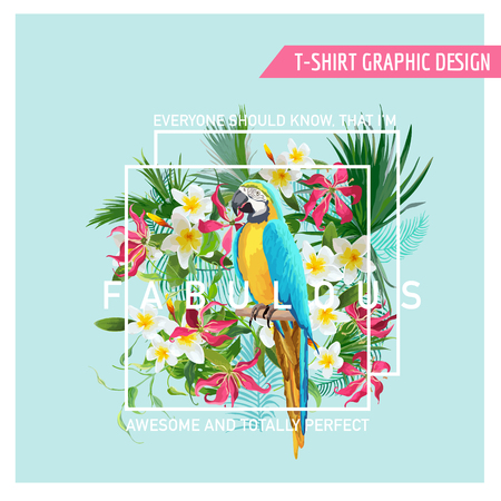 Floral Graphic Design - Tropical Flowers and Parrot Bird - for t-shirt, fashion, prints - in vectorのイラスト素材