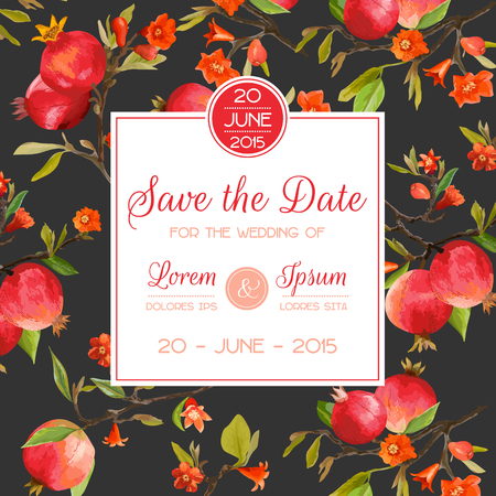 Save the Date, Invitation, Congratulation Card - for Wedding, Baby Shower - Pomegranate, Flowers and Leaves - in vectorのイラスト素材