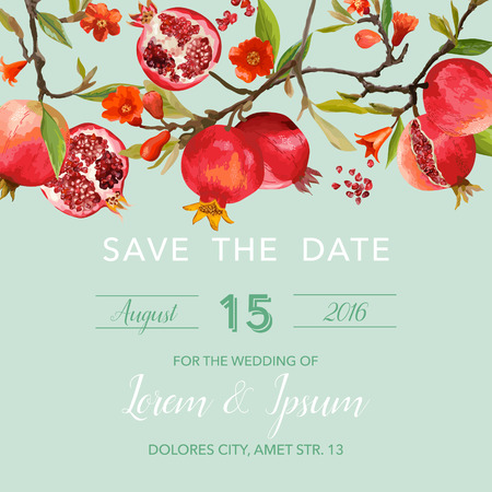 Wedding Invitation Card - with Pomegranates and Flowers Background - Save the Date - in vectorのイラスト素材