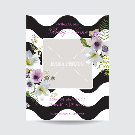 Baby Arrival or Shower Card - with Photo Frame and Vintage Lily Blossom Design - in vectorのイラスト素材