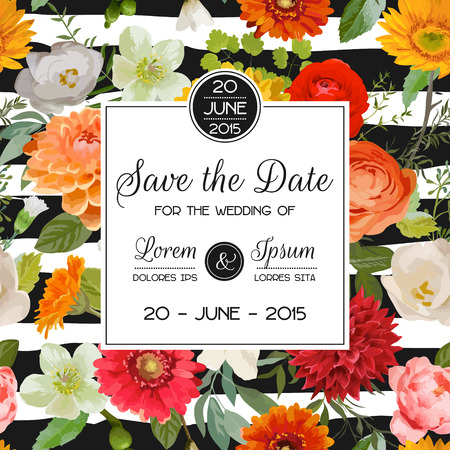 Save the Date Wedding Card.  Summer and Autumn Flowers. Vector Floral Frameのイラスト素材