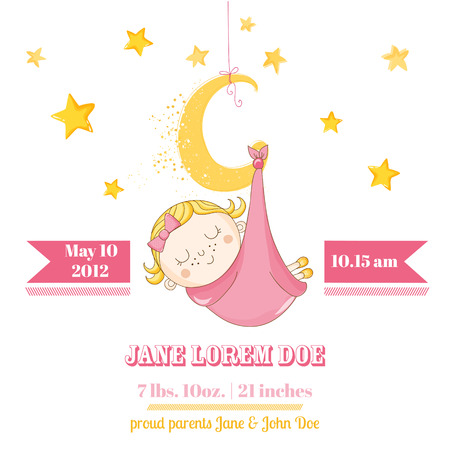 Baby Girl Sleeping on a Moon - Baby Shower or Arrival Card - in vectorのイラスト素材