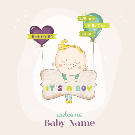 Baby Boy with Balloons - Baby Shower or Arrival Card - in vectorのイラスト素材