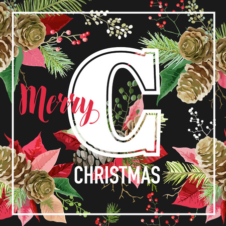 Christmas Poinsettia Flowers Graphic Design - Vintage Winter Background - for T-shirt, Fashion, Printsのイラスト素材