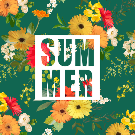 Flowers and Leaves Summer Graphic. Vector Flower Background.のイラスト素材
