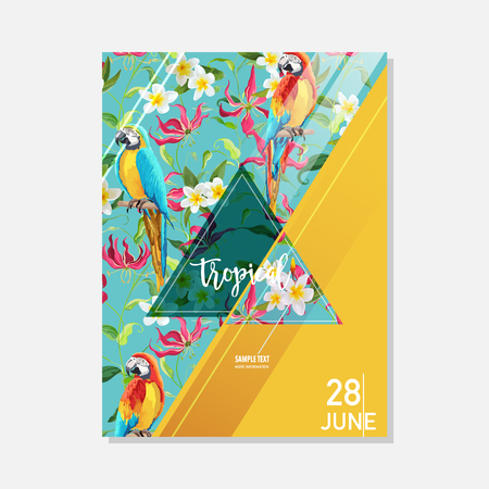 Tropical Flowers and Parrot Summer Graphic Background, Exotic Floral Banner or Card in Vectorのイラスト素材