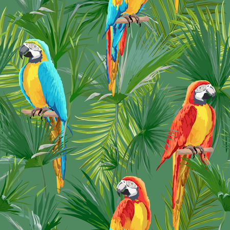 Tropical Seamless Vector Parrot and Floral Summer Pattern. For Wallpapers, Backgrounds, Textures, Textile, Cards.のイラスト素材
