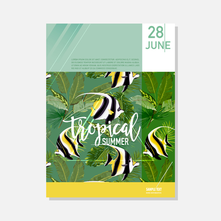 Brochure Template. Tropical Fish Summer Graphic Background, Exotic Floral Banner, Invitation, Flyer or Card. Modern Front Page in Vector.のイラスト素材