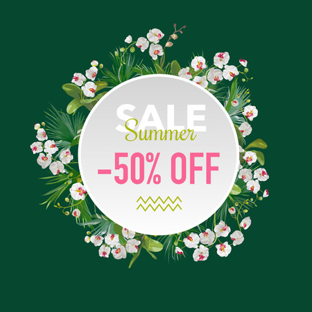 Summer Sale Tropical Orchid Flowers Banner, for Discount Poster, Fashion Sale, Market Offer in vectorのイラスト素材