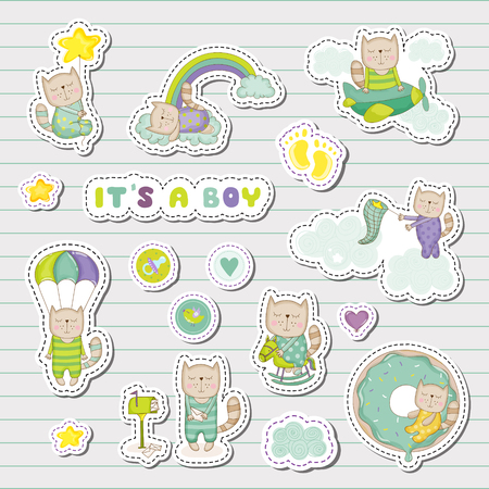 Baby Boy Stickers, Patches for Baby Shower Party Celebration. Decorative Elements for Newborn Celebration. Vector illustrationのイラスト素材