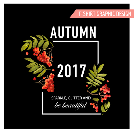 Autumn Floral Graphic with Rowanberry, Branches and Leaves. T-shirt Fall Nature Background in Vectorのイラスト素材