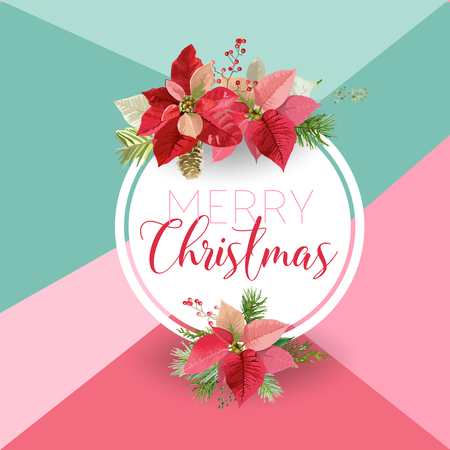 Christmas Winter Poinsettia Flower Banner, Graphic Background, Floral December Invitation, Flyer or Card. Modern Front Page in Vectorのイラスト素材