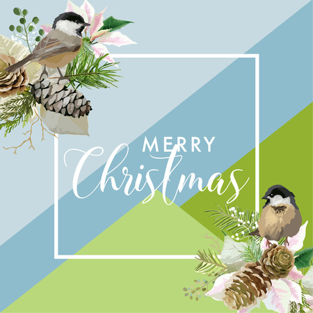 Christmas Winter Poinsettia and Birds Flower Banner, Graphic Background, Floral December Invitation, Flyer or Card. Modern Front Page in Vectorのイラスト素材