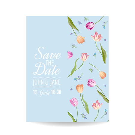 Save the Date Card with Blossom Tulips Flowers. Wedding Invitation, Anniversary Party, RSVP Floral Template. Vector illustrationのイラスト素材