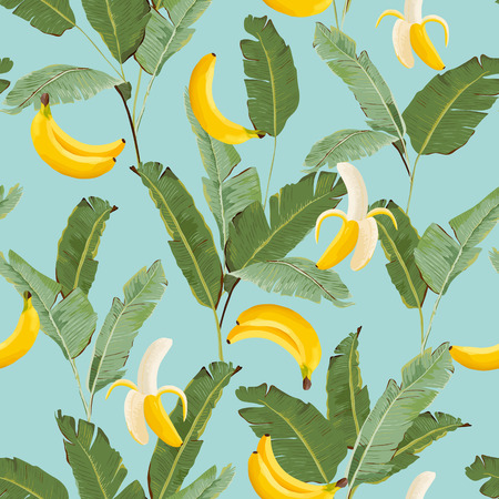 Tropical seamless pattern with bananas and palm leaves. Summer floral background for wallpaper, fabric, wrapping paper. Vector illustrationのイラスト素材