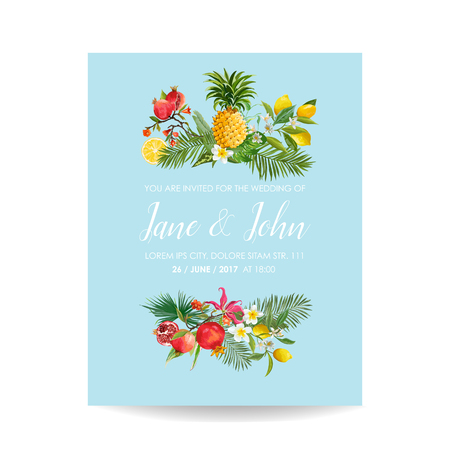 Wedding invitation with tropical fruits and palm leaves. Greeting save the date card with flowers for anniversary, baby shower, poster. Vector illustrationのイラスト素材