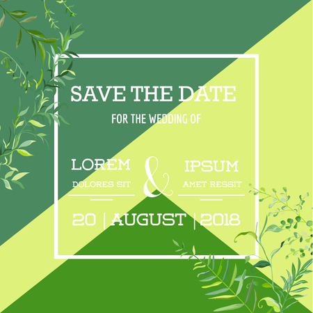 Wedding Invitation Floral Template. Save the Date Card with Place for your Text and Tropical Leaves. Vector illustrationのイラスト素材