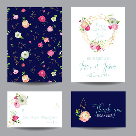 Save the Date Card Set with Blossom Pink Flowers and Golden Elements. Wedding Invitation, Anniversary Party, Decoration, RSVP Floral Template. Vector illustrationのイラスト素材