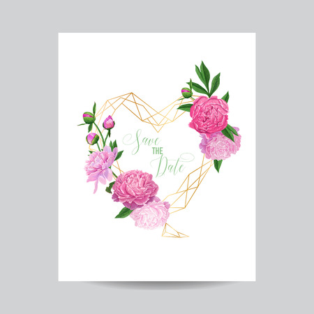 Wedding Invitation Floral Template with Pink Peonies. Save the Date Geometric Golden Frame with Flowers and Place for your Text. Greeting Card, Poster, Banner. Vector illustrationのイラスト素材