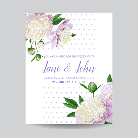 Floral Wedding Invitation Template. Save the Date Card with Blooming White Peonies Flowers. Vintage Spring Botanical Design for Party Decoration. Vector illustration.のイラスト素材