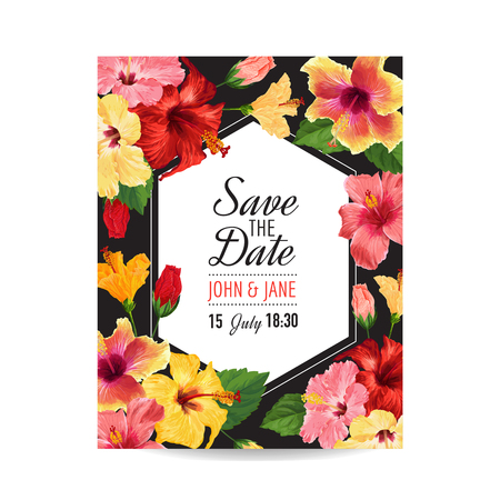 Wedding Invitation Template with Red Hibiscus Flowers. Save the Date Floral Card for Greetings, Anniversary, Birthday, Baby Shower Party. Botanical Design. Vector illustrationのイラスト素材