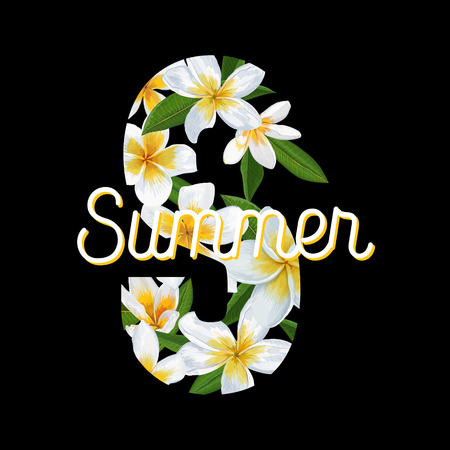 Hello Summer Tropical Background with Plumeria Flowers and Palm Leaves. Exotic Typographical Design for Cover, T-shirt, Poster, Sale Banner. Vector illustrationのイラスト素材