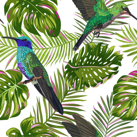 Floral Tropical Seamless Pattern with Humming Bird. Birds and Palm Leaves Background for Fabric, Wallpaper, Textile. Vector illustrationのイラスト素材