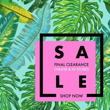 Summer Sale Ad Tropical Banner with Palm Leaves. Seasonal Discount, Promotion, Clearence Floral Background for Flyer, Brochure, Poster. Vector illustrationのイラスト素材