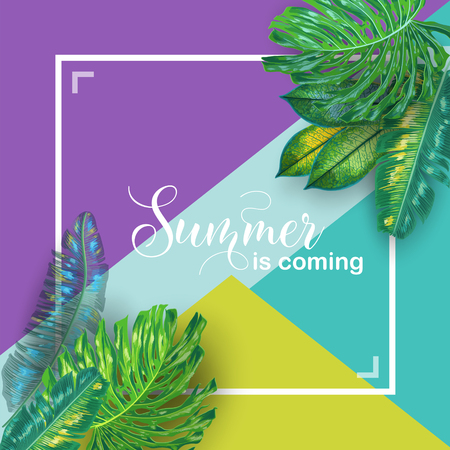 Hello Summer Tropical Design with Palm Leaves. Beach Vacation Poster, Banner. Tropic Plants Floral Background for T-shirt, Flyer, Cover. Vector illustrationのイラスト素材