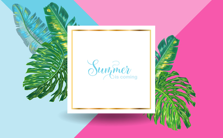 Hello Summer Tropical Design with Palm Leaves. Beach Vacation Poster, Banner. Tropic Floral Background for T-shirt, Flyer, Cover. Vector illustrationのイラスト素材