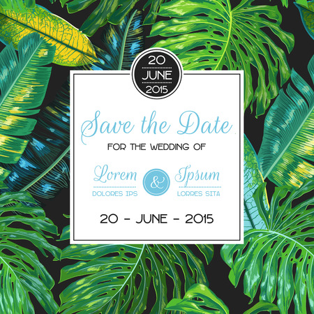 Wedding Invitation Template with Palm Leaves. Tropical Save the Date Card. Summer Botanical Design for Poster, Greeting Card. Vector illustrationのイラスト素材