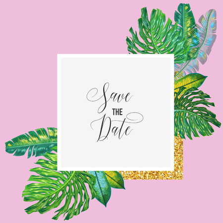 Wedding Invitation Template with Palm Leaves. Tropical Save the Date Card with Golden Frame. Summer Botanical Design for Poster, Greeting Card. Vector illustrationのイラスト素材