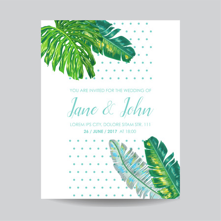 Wedding Invitation Template with Palm Leaves. Tropical Save the Date Card. Summer Botanical Design for Poster, Greeting Card. Vector illustrationのイラスト素材