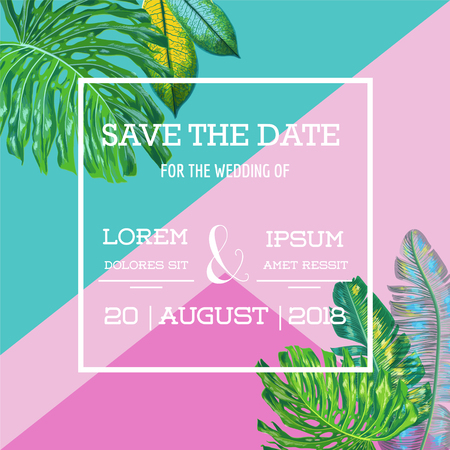 Wedding Invitation Template with Palm Leaves. Tropical Save the Date Card. Summer Botanical Design for Poster, Greeting Card. Vector illustrationのイラスト素材