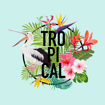 Tropical Summer Design with Pelican Bird and Exotic Flowers. Waterbird with Tropic Plants and Palm Leaves for T-shirt, Print. Vector illustrationのイラスト素材