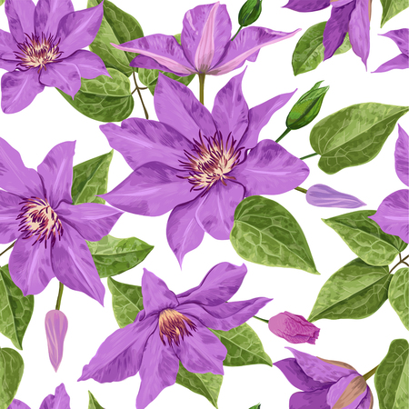 Watercolor Clematis Flowers. Floral Tropical Seamless Pattern for Wallpaper, Print, Fabric, Textile. Summer Background with Blooming Purple Flowers and Leaves. Vector illustrationのイラスト素材