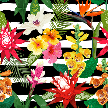 Tropical Flowers Seamless Pattern. Summer Floral Background with Tiger Lily Flower and Hibiskus. Watercolor Blooming Design for Wallpaper, Fabric. Vector illustrationのイラスト素材