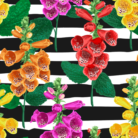 Tropical Flowers Seamless Pattern. Summer Floral Background with Tiger Lily Flower. Watercolor Blooming Design for Wallpaper, Fabric. Vector illustrationのイラスト素材