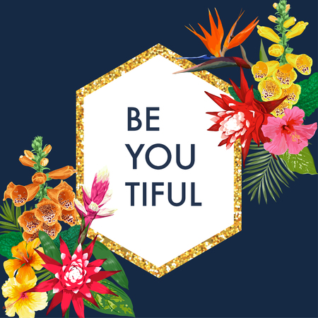 Blooming Spring and Summer Golden Floral Frame with Hibiskus. Watercolor Tiger Lily Flowers for Invitation, Wedding, Greeting Card. Vector illustrationのイラスト素材