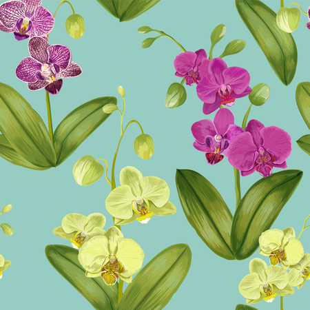 Seamless Tropical Pattern with Orchid Flowers. Floral Background for Fabric Textile, Wallpaper, Wrapping. Watercolor Flowers Design. Vector illustrationのイラスト素材
