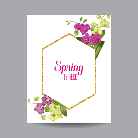 Hello Spring Tropic Design. Tropical Orchid Flowers Background with Golden Frame for Poster, Sale Banner, Placard, Flyer. Floral Vintage Composition. Vector illustrationのイラスト素材