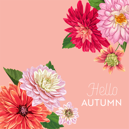 Hello Autumn Floral Design. Seasonal Fall Floral Background for Web Banner, Poster, Leaflet, Sale, Promo, Print. Watercolor Asters Flowers. Vector illustrationのイラスト素材